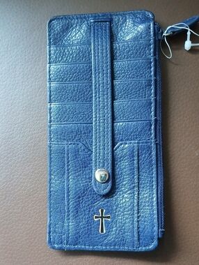 Blue Leather Cross Accent Phone Wallet.genuine Leather.
